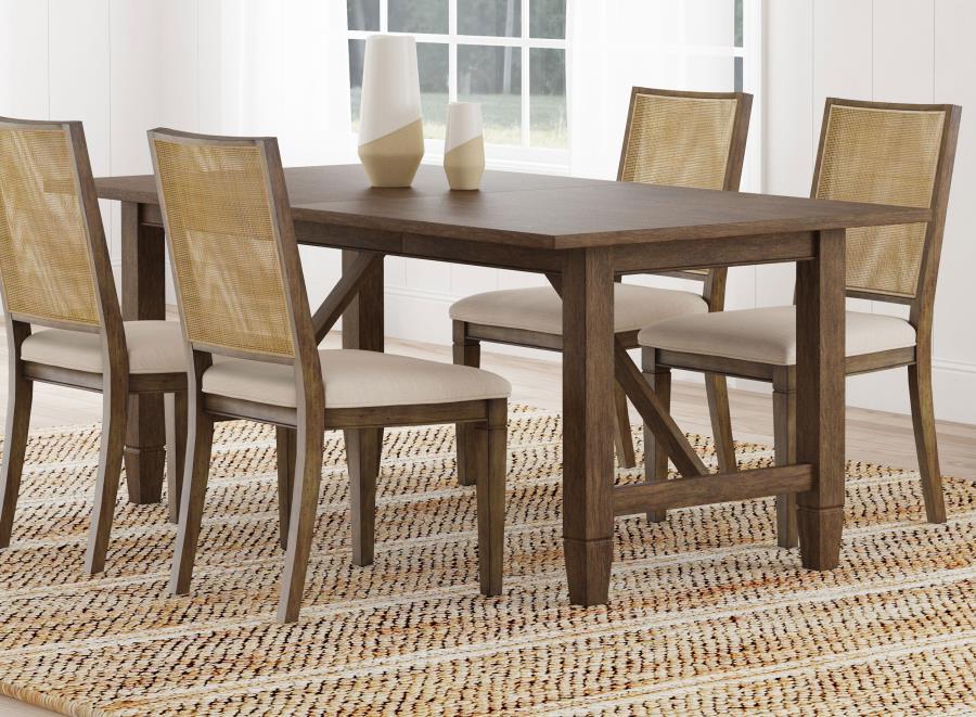 Set the tone in your stylish home with the welcoming ambiance of a modern farmhouse dining table. The rectangular table features a clean, streamlined silhouette complete with a recessed apron and decorative diagonal braces that bring architectural appeal.