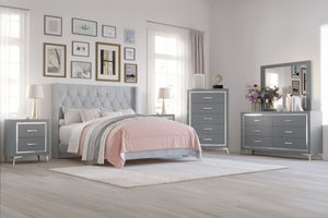 The Huxley 6-Piece Bedroom Set in Gray seamlessly combines contemporary glam with durable craftsmanship for an elegant and functional bedroom setup. This set includes an upholstered bed with headboard, footboard, two side rails, and slat kit, along with a