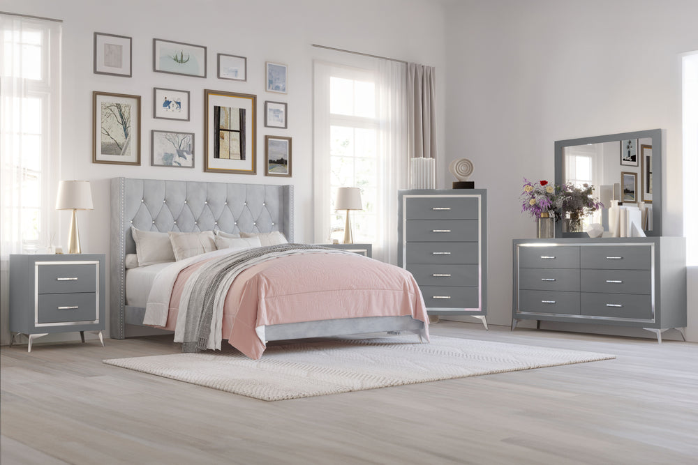 The Huxley 6-Piece Bedroom Set in Gray seamlessly combines contemporary glam with durable craftsmanship for an elegant and functional bedroom setup. This set includes an upholstered bed with headboard, footboard, two side rails, and slat kit, along with a