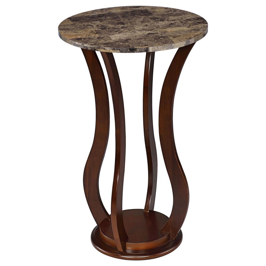 This side table, which can double as a plant stand, features a sleek, round top made of brown faux marble. The elegant faux marble surface gives it a refined look, while the sturdy base is crafted from a combination of hardwood, engineered wood, and lamin