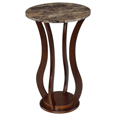 This side table, which can double as a plant stand, features a sleek, round top made of brown faux marble. The elegant faux marble surface gives it a refined look, while the sturdy base is crafted from a combination of hardwood, engineered wood, and lamin