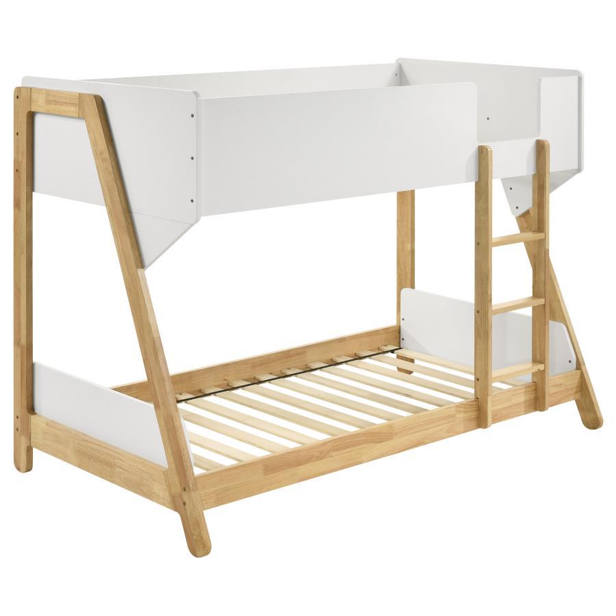 Stylish wood construction and a two-tone design highlight this modern twin bunk bed set. Perfect for a kid-'s bedroom, it offers two twin beds while saving floor space for playing. The bed features an angular frame and a natural wood finish, with white ac