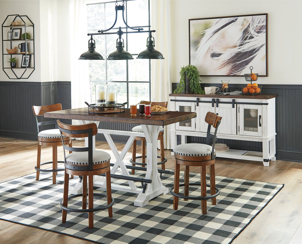 Rustic cottage styling. D546-01 white. D546-124/130 black metal, rustic brown finish, beige fabric cushioned seat. D546-224/230 black metal, rustic brown swivel seat. D546-324/330 black metal and distressed vintage white finish, beige swivel seat. D546-42