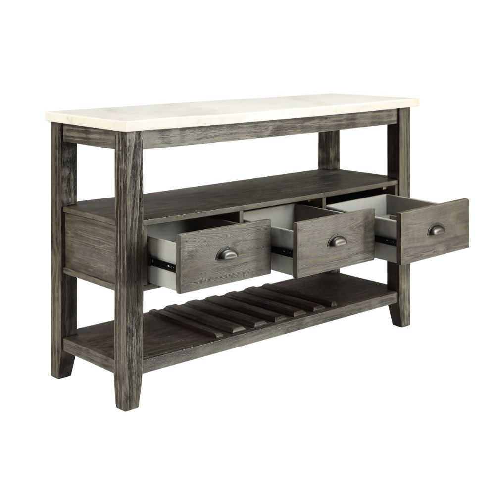Rectangular Server Storage: 3 Drawers, 2 Open Compartments (2 Fixed Shelves: Bottom Shelf with Wine Bottle Holder) Marble Top Wood Tapered Leg, Drawers & Shelves: Gray Oak Finish Drawer: GLIDE Side Metal (Full Ext.), Felt-Lined All Drawers, Safety Stop In