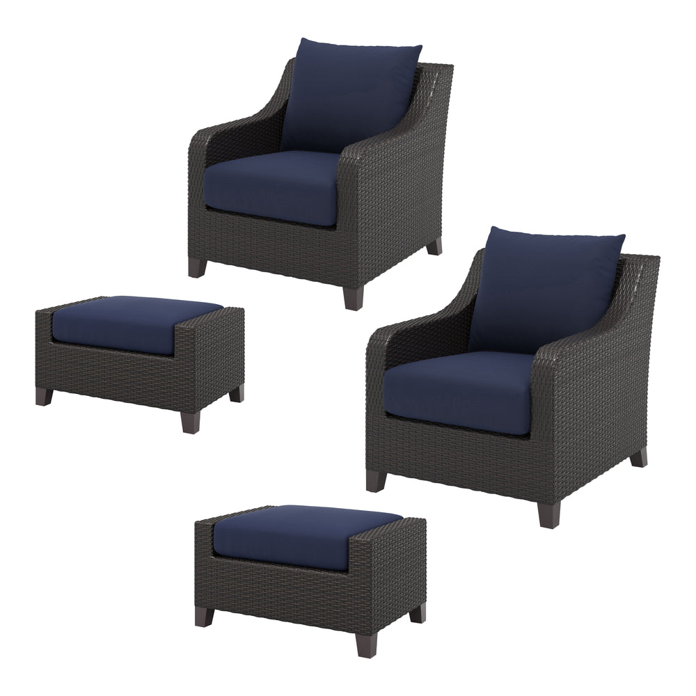 Introducing the Skye Outdoor Patio Chair and Ottoman Set in rich Navy Blue, a must-have addition to your outdoor space. Comprised of 2 Club Chairs and matching Ottomans, the Skye is crafted with durable aluminum frames and a baked-on powder finish to ensu