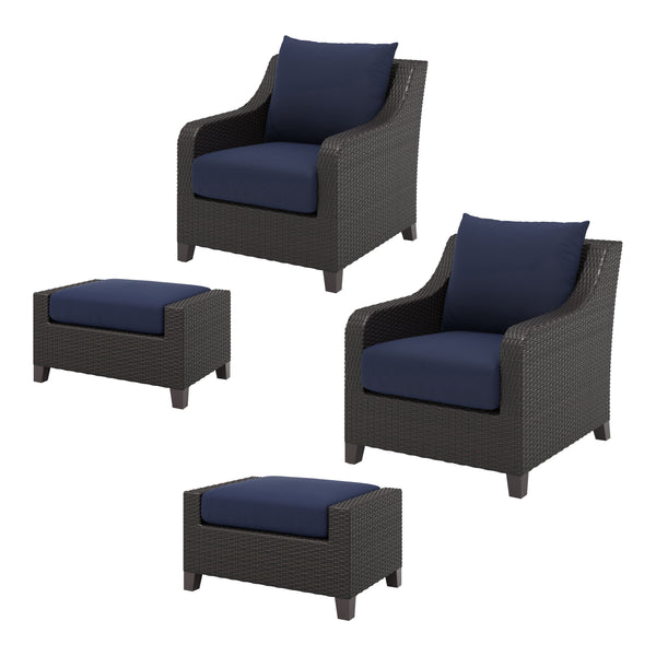 Introducing the Skye Outdoor Patio Chair and Ottoman Set in rich Navy Blue, a must-have addition to your outdoor space. Comprised of 2 Club Chairs and matching Ottomans, the Skye is crafted with durable aluminum frames and a baked-on powder finish to ensu