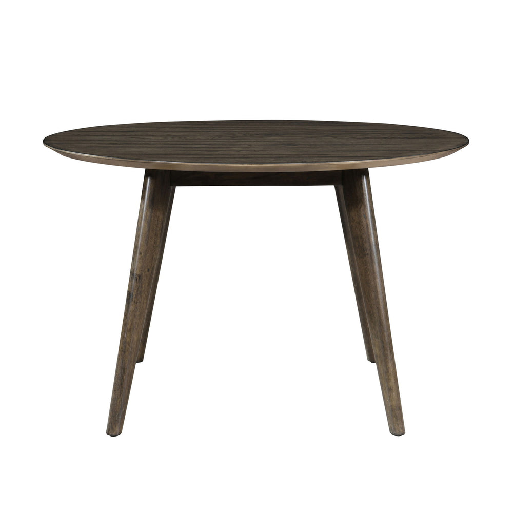The Rex Mid-Century Modern 48" Round Dining Table in Walnut offers a stylish and practical solution for small space dining. This table, crafted from solid rubberwood, manufactured woods, and oak veneers, ensures exceptional stability and longevity. Its cl