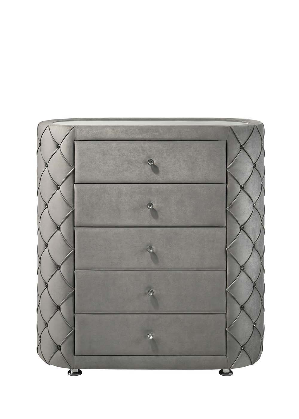 The Perine Collection is luxuriously designed and upholstered in sumptuous gray velvet and features black piping. The hardwood wooden frame is designed for long-lasting enjoyment. The crown design on the headboard and footboard adds some drama to the bed.