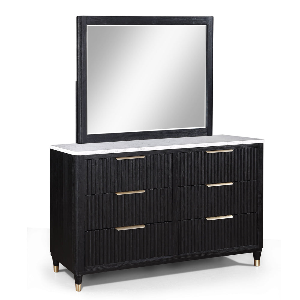 Elevate your sanctuary with this chic and contemporary bedroom ensemble that blends functionality with a sleek, modern aesthetic. The collection features a luxuriously upholstered bed, showcasing a high headboard and footboard with a refined fabric select