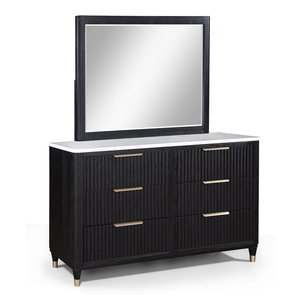 Elevate your sanctuary with this chic and contemporary bedroom ensemble that blends functionality with a sleek, modern aesthetic. The collection features a luxuriously upholstered bed, showcasing a high headboard and footboard with a refined fabric select
