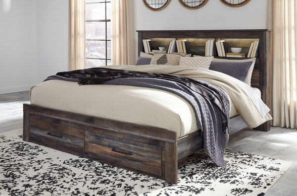 When merged in just the right way, rustic and industrial styles can make one happy marriage. Case in point: this king bookcase bed with storage. A refined take on barn board beauty, its complex, replicated wood grain showcases hints of burnt orange and te