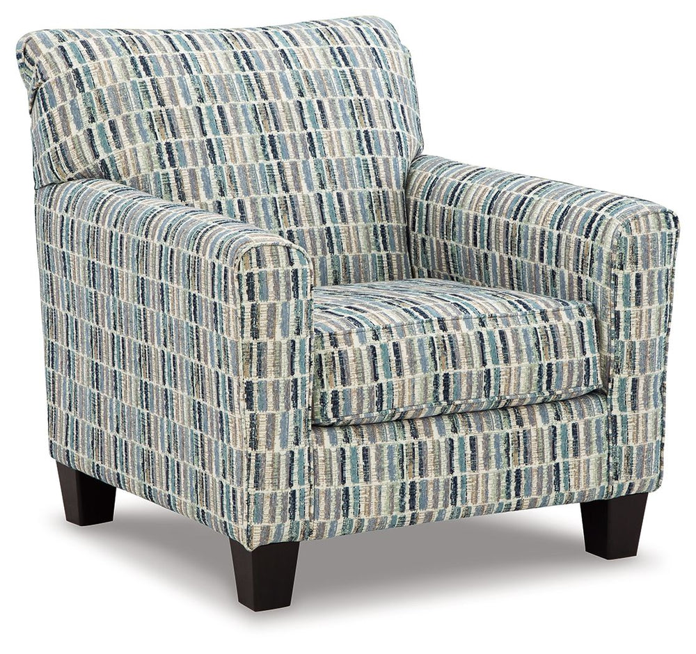 This accent chair has the corner on casual contemporary style and everyday comfort. Chic and subtly innovative, its colorful geometric upholstery is a forward-thinking take on cool hues. This simple, streamlined design is sure to appeal to your relaxed ap