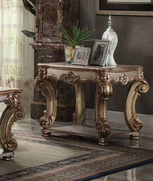 KD, Square Table w/Scrolled Leg and Bottom Shelf â€¢ Top Apron: Scrolled Decor Trim<br/><br/><b>Product Features</b><ul><li>Case: 1Pc/1Ctn</li><li>Finish: Gold Patina</li><li>Style: Vintage</li><li>Materials: Wood, Poly Resin, Veneer (Wood), Composite Woo
