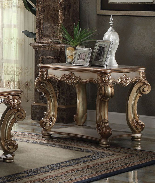 KD, Square Table w/Scrolled Leg and Bottom Shelf â€¢ Top Apron: Scrolled Decor Trim<br/><br/><b>Product Features</b><ul><li>Case: 1Pc/1Ctn</li><li>Finish: Gold Patina</li><li>Style: Vintage</li><li>Materials: Wood, Poly Resin, Veneer (Wood), Composite Woo