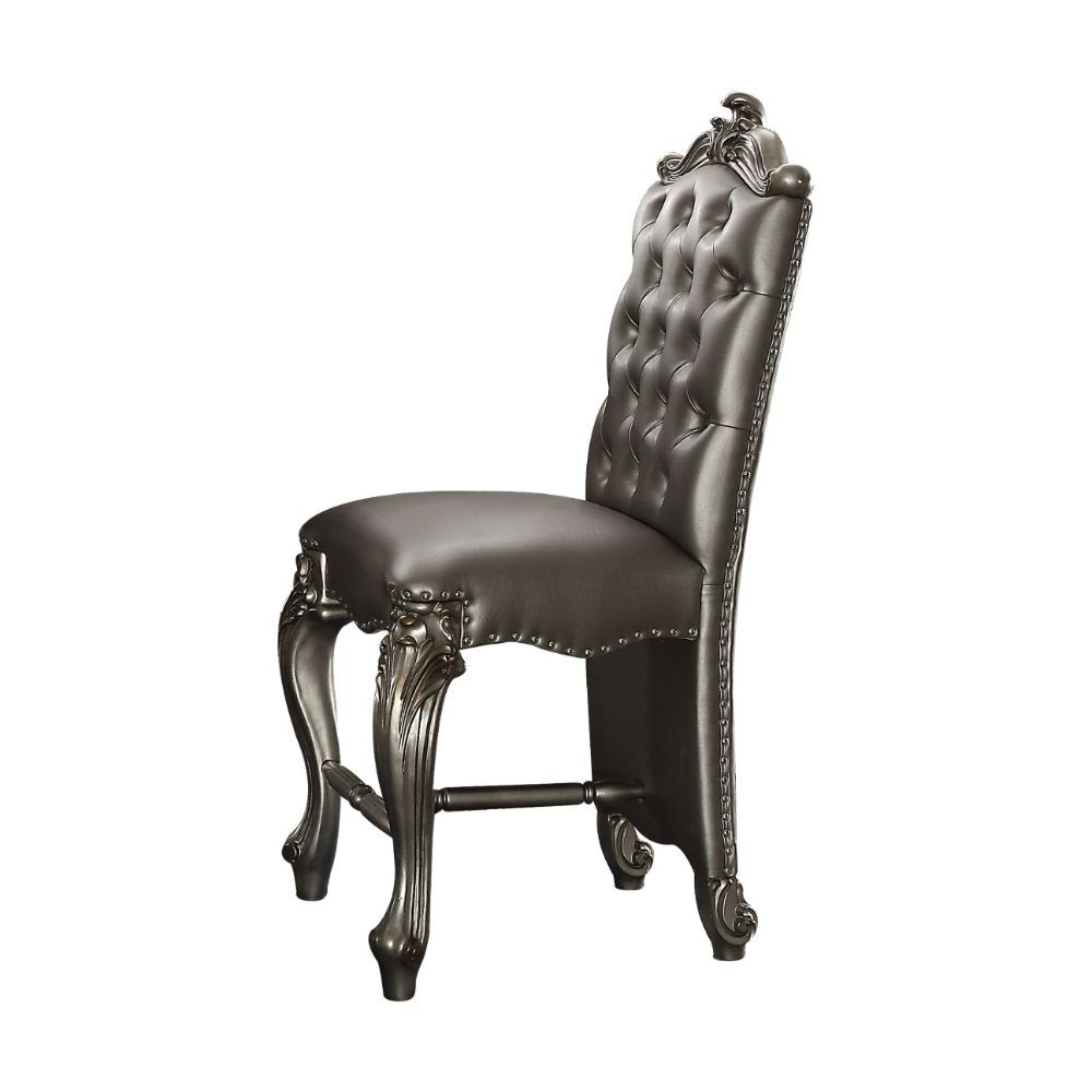 KD, Armless Chair Padded SEAT & BACK Cushion, Nailhead Trim BACKREST (Button Tufted Inside): Scrolled Crown, Fully Silver PU SEAT: Silver PU & Scalloped Apron Wooden Cabriole Legs w/Scrolled Motifs (Poly Resin with Antique Contrast Finish)<br/><br/><b>Pro
