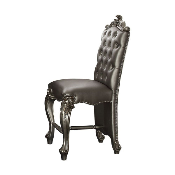 KD, Armless Chair Padded SEAT & BACK Cushion, Nailhead Trim BACKREST (Button Tufted Inside): Scrolled Crown, Fully Silver PU SEAT: Silver PU & Scalloped Apron Wooden Cabriole Legs w/Scrolled Motifs (Poly Resin with Antique Contrast Finish)<br/><br/><b>Pro