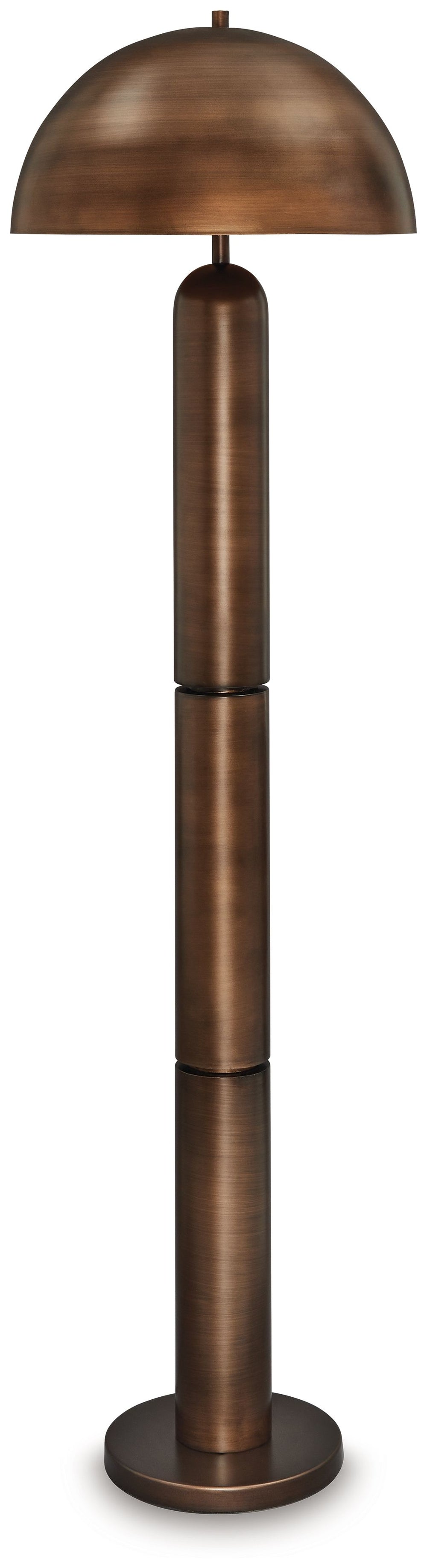 Dome sweet dome. Shine a light on your love of all things contemporary with this striking floor lamp. Its sleek antiqued copper-tone finish and bold, columnar design add a brilliantly modern touch to any room. A dome-shaped shade provides a warm and focus