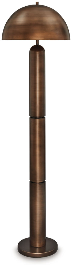 Dome sweet dome. Shine a light on your love of all things contemporary with this striking floor lamp. Its sleek antiqued copper-tone finish and bold, columnar design add a brilliantly modern touch to any room. A dome-shaped shade provides a warm and focus