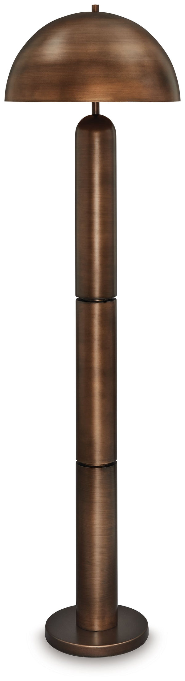 Dome sweet dome. Shine a light on your love of all things contemporary with this striking floor lamp. Its sleek antiqued copper-tone finish and bold, columnar design add a brilliantly modern touch to any room. A dome-shaped shade provides a warm and focus