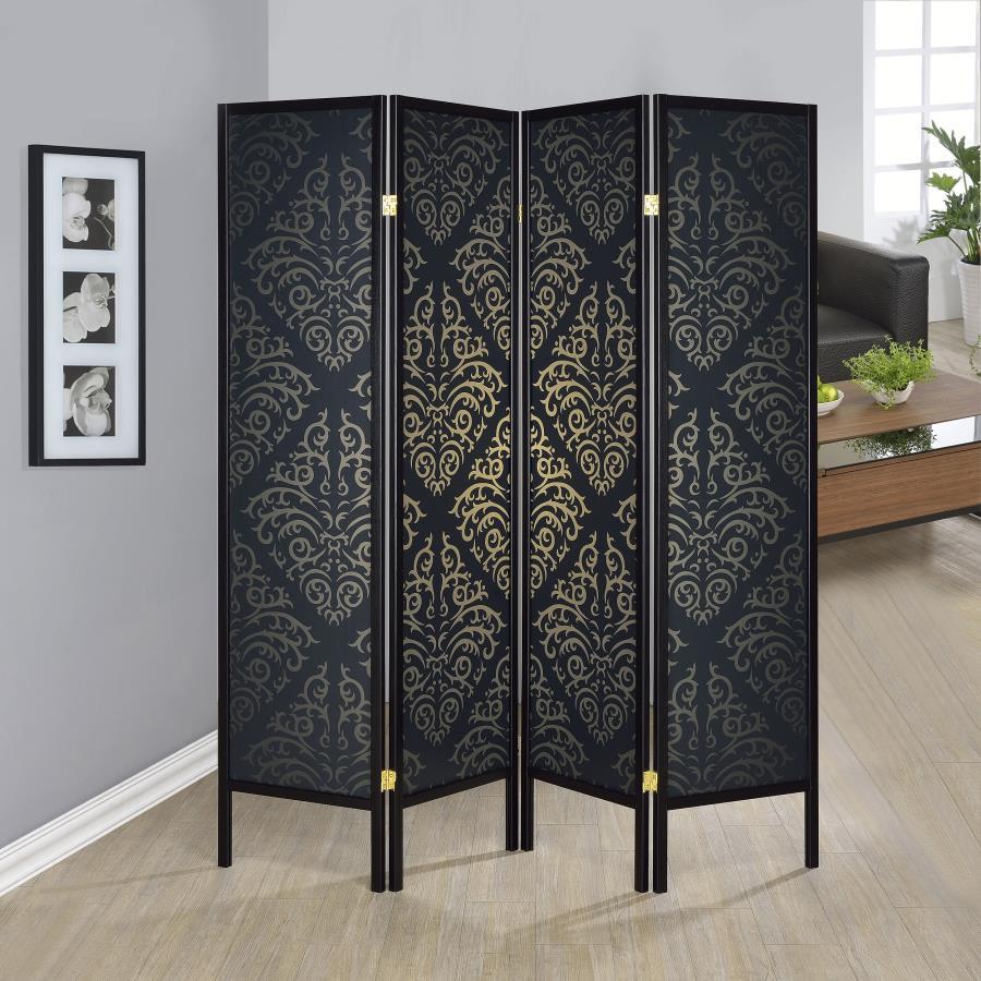 A paneled screen often is used as a room divider or a privacy provider. This stylish panel is sure to evoke more questions than answers. This four-panel screen adds mystery and romance. It comes with a black finish frame connected with shiny metal hinges.
