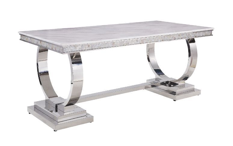 Get your dining guests instantly intrigued by the eye-catching and modern design. Open circle-accented trestle base made of shiny stainless steel is topped with beautiful cultured marble. It-'s metal frame showcases uncluttered lines and simplicity of thi