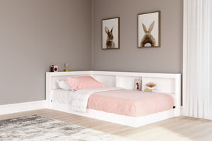 This twin bookcase storage bed is an inspired find, beautifully blending contemporary and casual style. Its two-toned look in matte white and a replicated sugarberry wood grain pattern keeps things simple, while the bookshelf storage creates added functio
