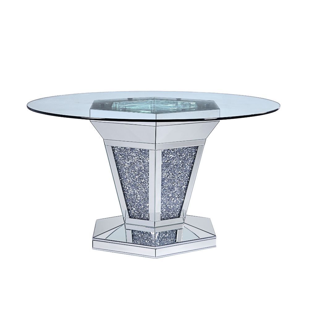Cultivate a contemporary aesthetic in your entertainment ensemble with this distinctive Noralie dining table. Offering a modern twist on a classic pedestal-style silhouette, this design showcases an angular base with mirror and faux diamond inlay and uniq