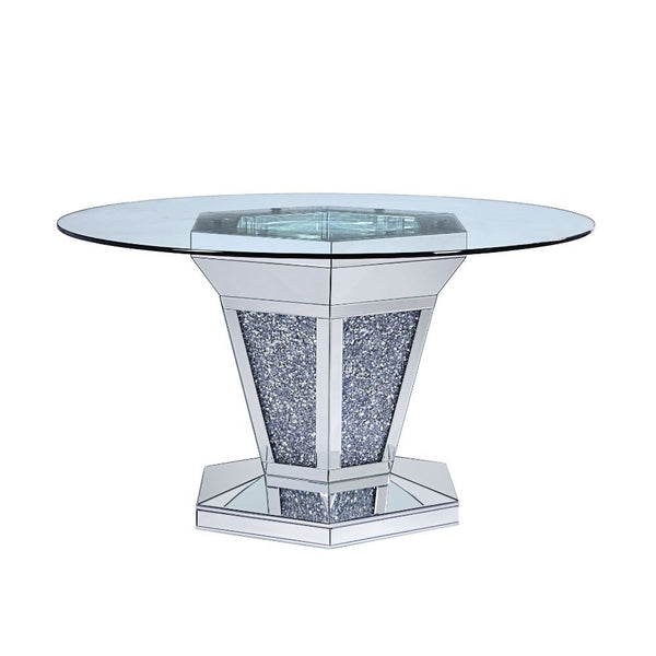  this design showcases an angular base with mirror and faux diamond inlay and uniq