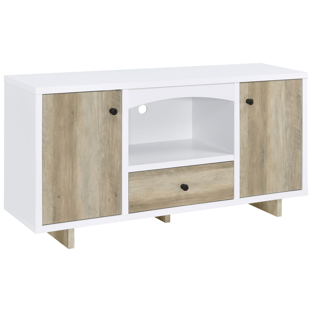 Embrace versatility and casual style with a modern farmhouse credenza. Packed with functional storage options, it embodies relaxed style with a two tone finish that features a white frame and wood grain doors and drawer front. Its melamine finish is durab