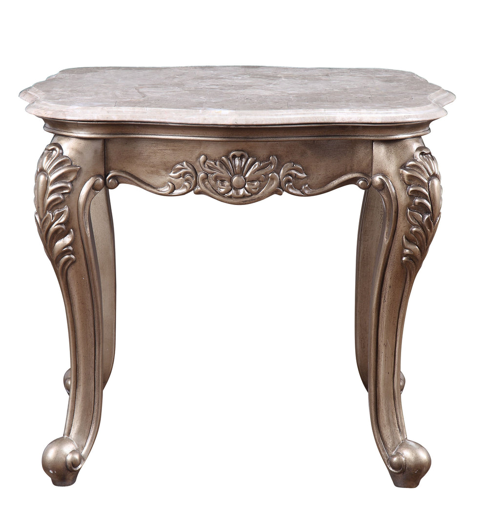 Rectangular End Table â€¢ NO Storage â€¢ Marble Top â€¢ Wooden Frame with Raised Scrolled Trim and Floral Motifs (Vintage Hand-Brush Finish) â€¢ Queen Anne Leg<br/><br/><b>Product Features</b><ul><li>Exclusive Design</li><li>Occasional Tables</li><li>Marb