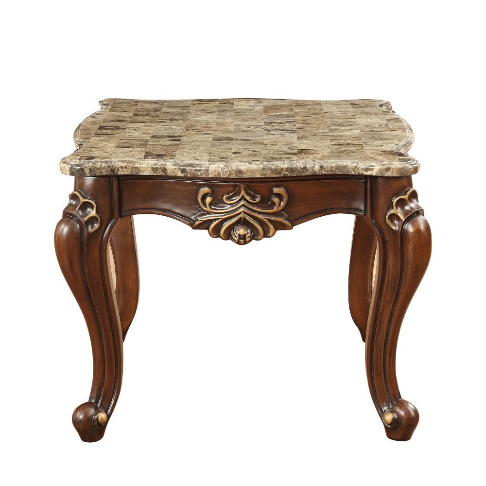 KD, Square Leg End Table â€¢ No Storage (Open Base) â€¢ Scalloped Marble Top: Turkey Import Marble with MDF â€¢ Wooden Scalloped Apron with Carved Floral Motifs: Contrast Gold-Brush Accent, Poplar Wood â€¢ Wooden Queen Anne Legs: Gold Brush Accent, Poplar