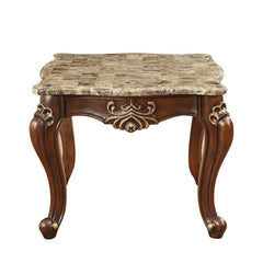 KD, Square Leg End Table â€¢ No Storage (Open Base) â€¢ Scalloped Marble Top: Turkey Import Marble with MDF â€¢ Wooden Scalloped Apron with Carved Floral Motifs: Contrast Gold-Brush Accent, Poplar Wood â€¢ Wooden Queen Anne Legs: Gold Brush Accent, Poplar