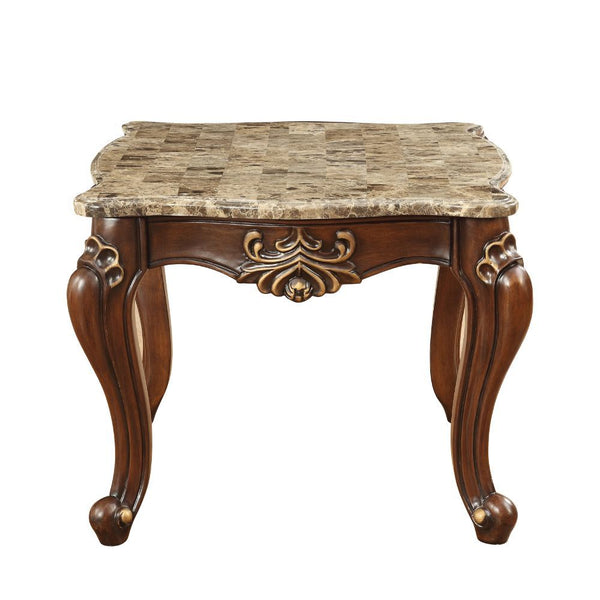 KD, Square Leg End Table â€¢ No Storage (Open Base) â€¢ Scalloped Marble Top: Turkey Import Marble with MDF â€¢ Wooden Scalloped Apron with Carved Floral Motifs: Contrast Gold-Brush Accent, Poplar Wood â€¢ Wooden Queen Anne Legs: Gold Brush Accent, Poplar