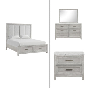 The Fiona 4 Piece Bedroom Set features a storage bed with a plush upholstered headboard