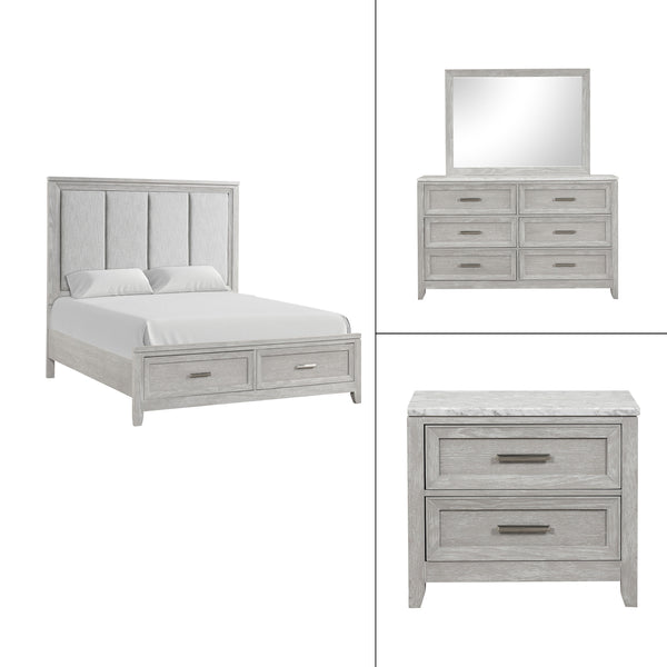 The Fiona 4 Piece Bedroom Set features a storage bed with a plush upholstered headboard