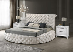 This avant-garde bed is a luxurious retreat, blending opulence with innovative design. Its unique round form challenges traditional bedroom aesthetics, offering a lavish centerpiece that is as comfortable as it is striking. The bed is generously upholster