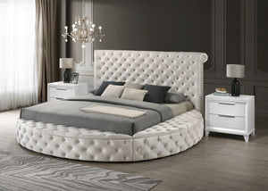 This avant-garde bed is a luxurious retreat, blending opulence with innovative design. Its unique round form challenges traditional bedroom aesthetics, offering a lavish centerpiece that is as comfortable as it is striking. The bed is generously upholster