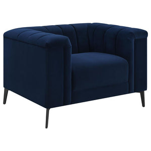 A sumptuous transitional accent chair will be a vibrant addition to your home. You-'ll love the stunning navy blue matte velvet fabric upholstery for its softness and visual appeal. The bench-style seat with pocket coil springs will offer the perfect comf
