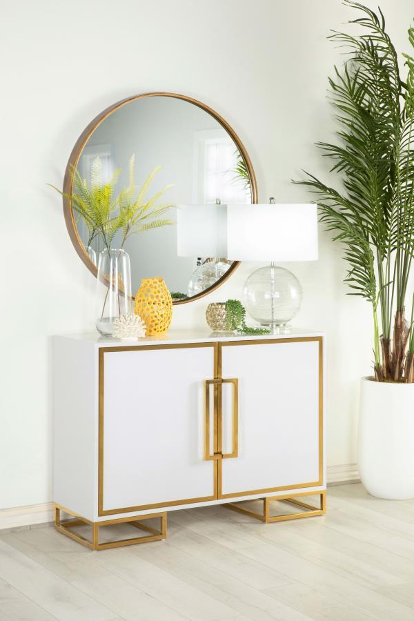  it showcases Art Deco flair with clean lines and geometric base supports. Behind double doors