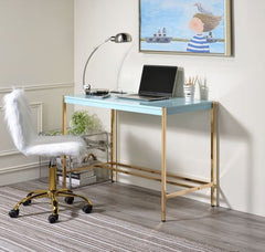 Rectangular Writing Desk No Storage Wooden Top: Baby Blue Finish Metal Base: Gold Finish (Open Base)<br/><br/><b>Product Features</b><ul><li>Rectangular Writing Desk</li><li>No Storage</li><li>Wooden Top: Baby Blue Finish</li><li>Metal Base: Gold Finish (