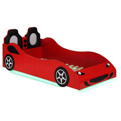 Modern race car aesthetics inform the design of a novelty car bed perfect for kids. Its twin size is versatile, allowing for plenty of space to play within the bedroom. The car is complete with realistic details and features LED strip lighting underneath,