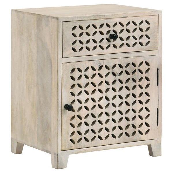 Built from an eco-friendly solid mango wood for sustainable homes, this contemporary accent cabinet makes a striking statement piece in a space. Designed with a lightly hued, whitewash finish, this accent table lends itself nicely to a variety of color pa