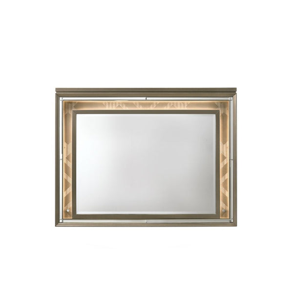 Mirror Beveled Edge (4mm Thick) Wooden Frame with LED Touch Light Shape: Rectangular Orientation: Landscape<br/><br/><b>Product Features</b><ul><li>Case: 1Pc/1Ctn</li><li>Finish: LED & Dark Champagne</li><li>Style: Glam</li><li>Materials: LED, Wood, Mirro