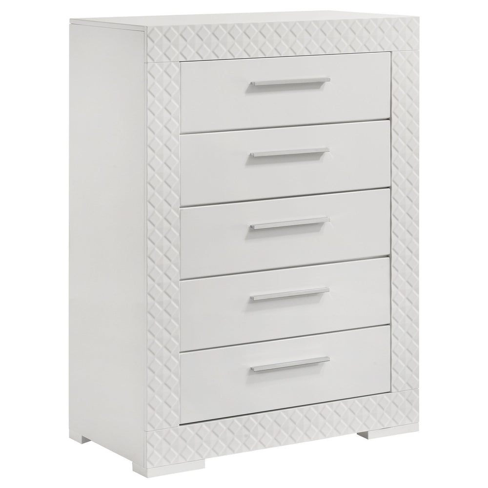 Organize your wardrobe in style with this contemporary chest. The high gloss finish and 3-dimensional diamond tile emboss provide a chic, modern look that enhances any bedroom decor. Five spacious drawers offer ample storage for clothing and linens, each 