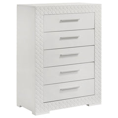 Organize your wardrobe in style with this contemporary chest. The high gloss finish and 3-dimensional diamond tile emboss provide a chic, modern look that enhances any bedroom decor. Five spacious drawers offer ample storage for clothing and linens, each 