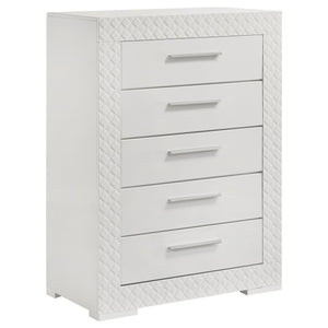 Organize your wardrobe in style with this contemporary chest. The high gloss finish and 3-dimensional diamond tile emboss provide a chic, modern look that enhances any bedroom decor. Five spacious drawers offer ample storage for clothing and linens, each 