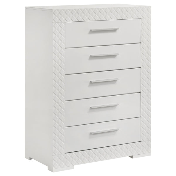 Organize your wardrobe in style with this contemporary chest. The high gloss finish and 3-dimensional diamond tile emboss provide a chic, modern look that enhances any bedroom decor. Five spacious drawers offer ample storage for clothing and linens, each 