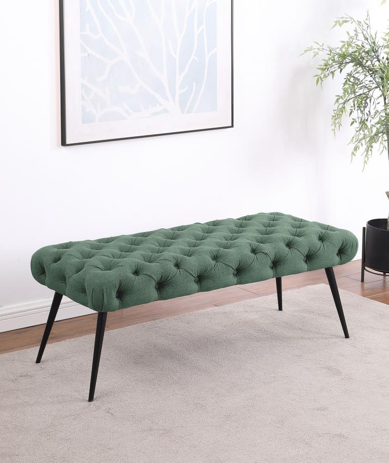 Enhance your living area, bedroom, or entryway with this sophisticated bench, skillfully blending timeless tufting and plush upholstery for a luxurious look and feel. Its meticulous button-tufted top adds depth and dimension, while slender metal legs prov