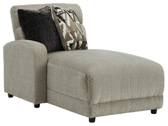 This left-arm facing power reclining back chaise is made with polyester upholstery. Pairs with other items in the series to make a sectional.<br><br><b>Additional Dimensions</b><br><ul><li>Leg height: 2.5-"</li><li>Minimum width of doorway for delivery: 3
