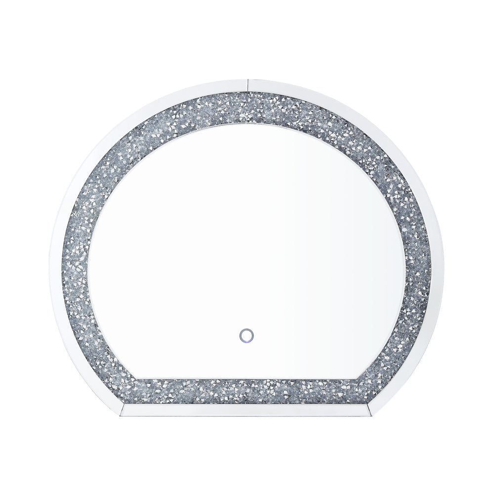 Reflect your charm and confidence in this glam style Noralie Mirror. The half-circle mirror with LED lights provides perfect view and brightness. Faux diamonds surround frame showcases an even more dazzling style, adding modern glamour to your space. Both